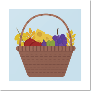 Wicker basket with fruits and dairy products icon in flat design Posters and Art